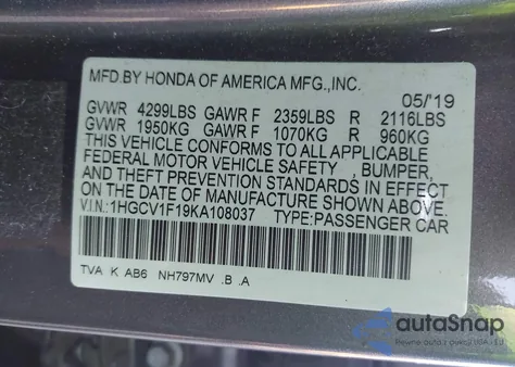 2019 Honda Accord Lx from USA, damaged, VIN 1HGCV1F19KA108037